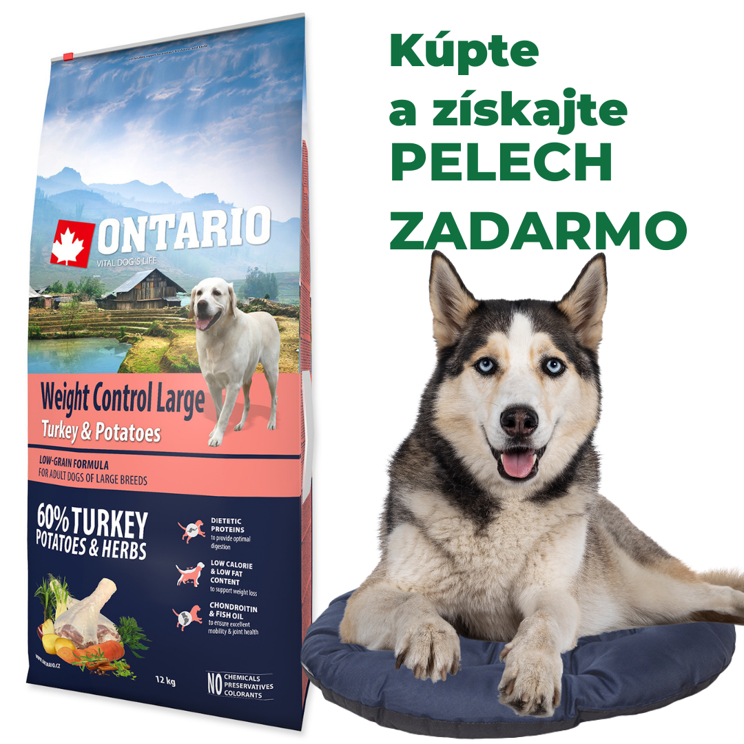 ONTARIO Dog Large Weight Control Turkey & Potatoes & Herbs 12kg + pelech zadarmo