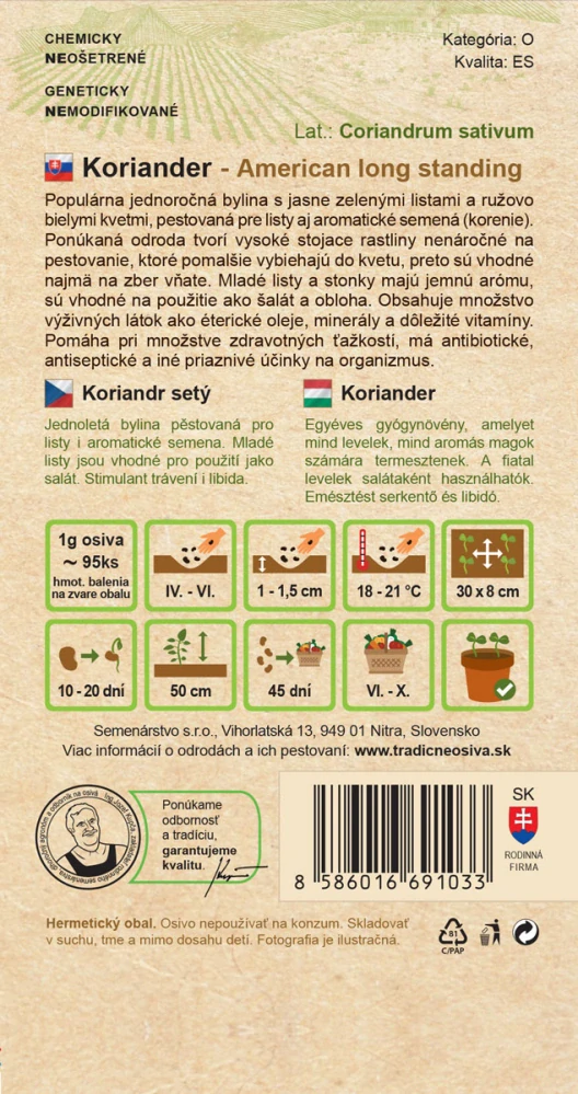 Koriander - Americký dlho stojaci